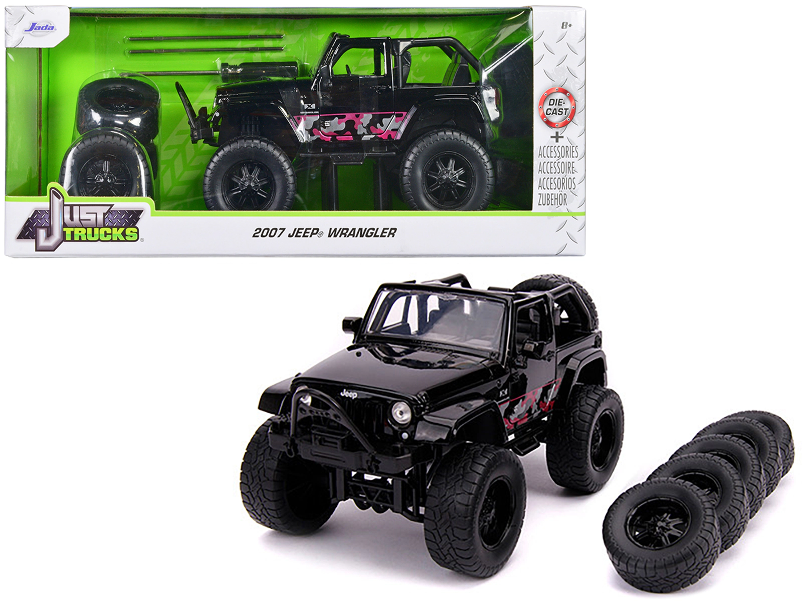 Jada 2007 Jeep Wrangler Black with Extra Wheels "Just Trucks" Series 1/24 Diecast Model Car by Jada