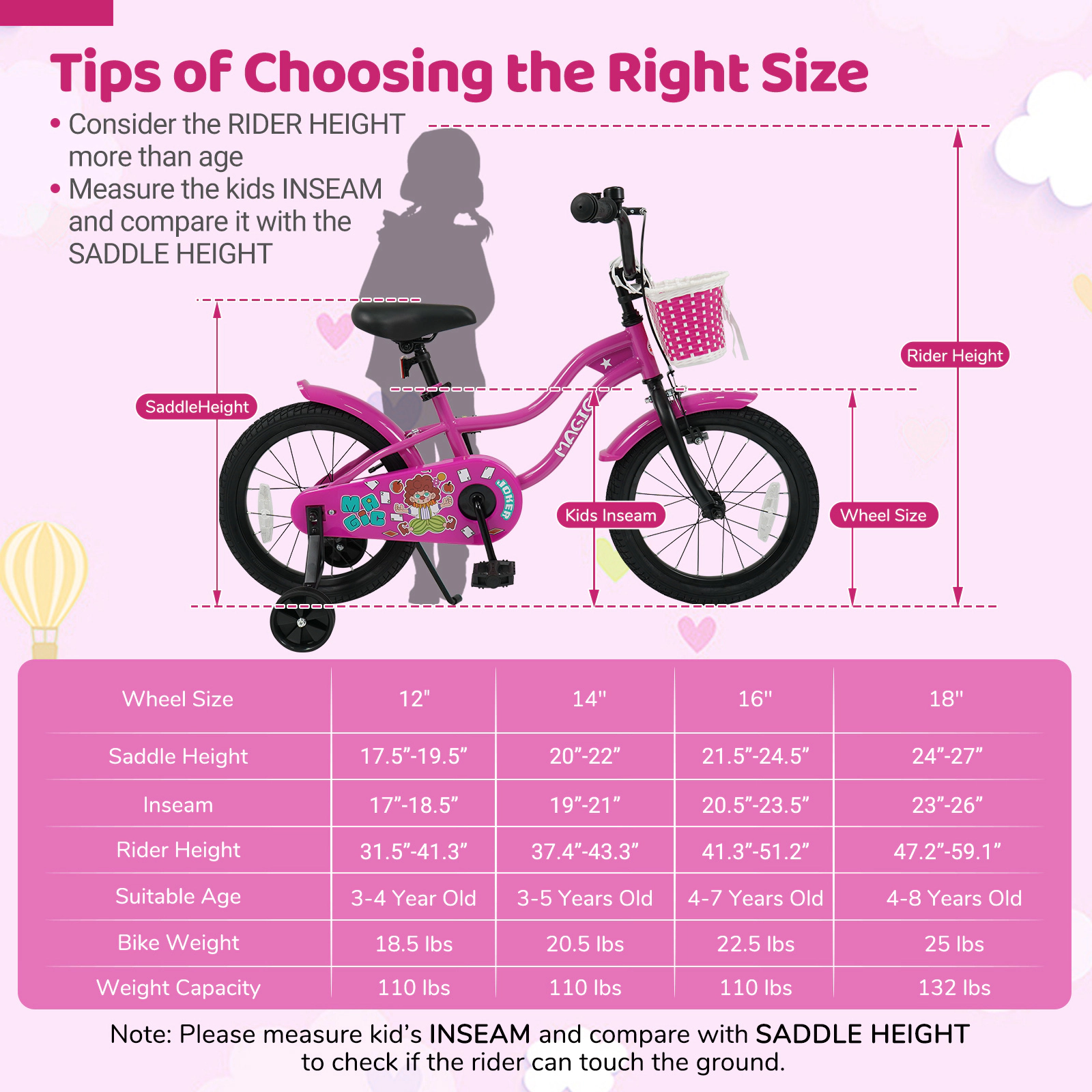 18-in Kids Bike Removable Training Wheels Kickstand for Girls Ages 4-8 Rose Bicycle Front Basket Bell 132-lb Capacity