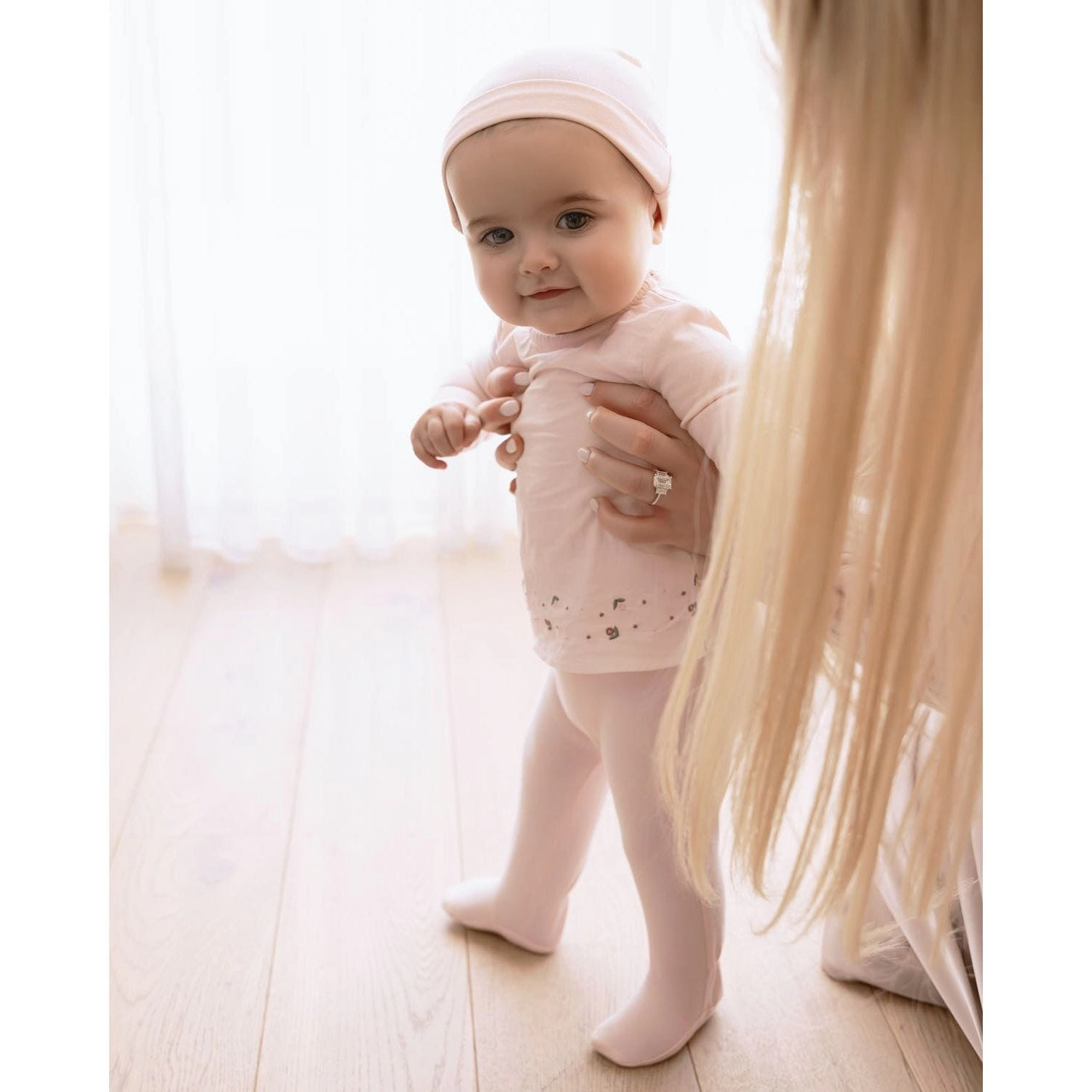 MeMoi Baby Girls Flouncy Floral Overlay Embroidered Cotton Rich Footie