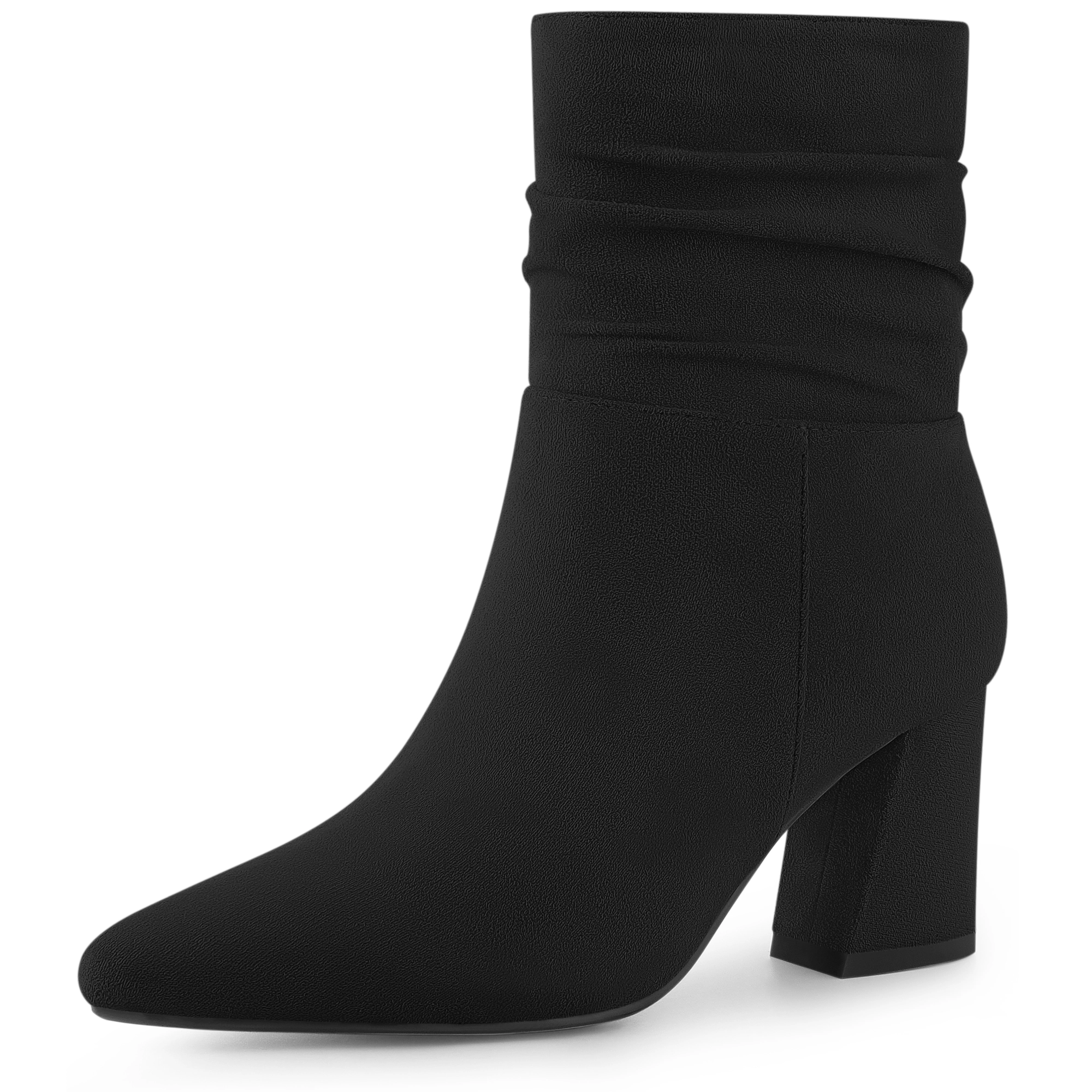 BLISSFUL STEP Women Slouched Pointy Toe Zipper Chunky Heel Ankle Boots