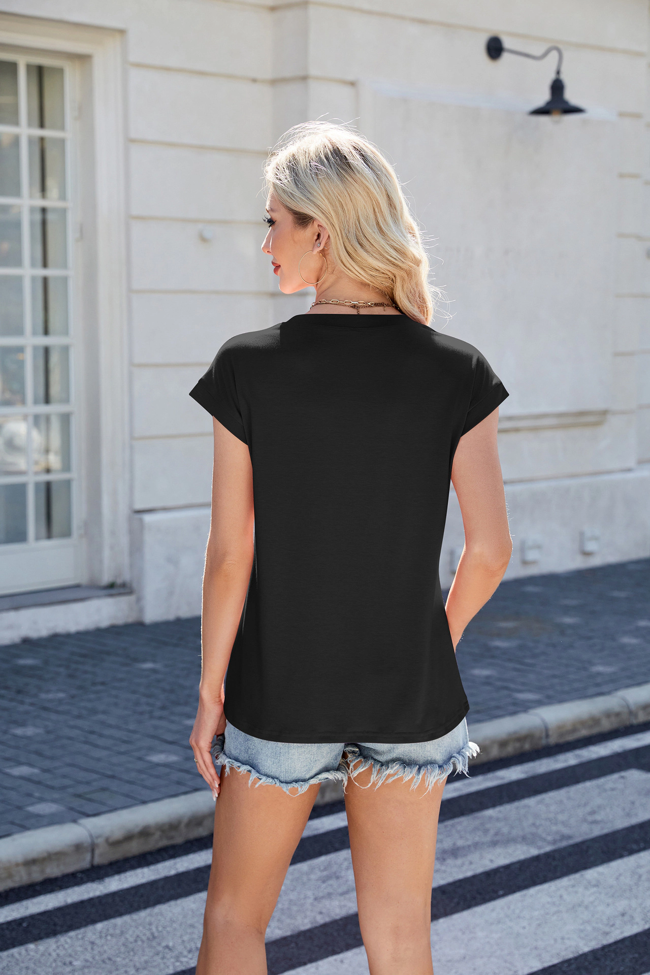 Enchanted Funland Womens Crew Neck Cap Sleeve Pleated Chest Solid T‑Shirt Tops