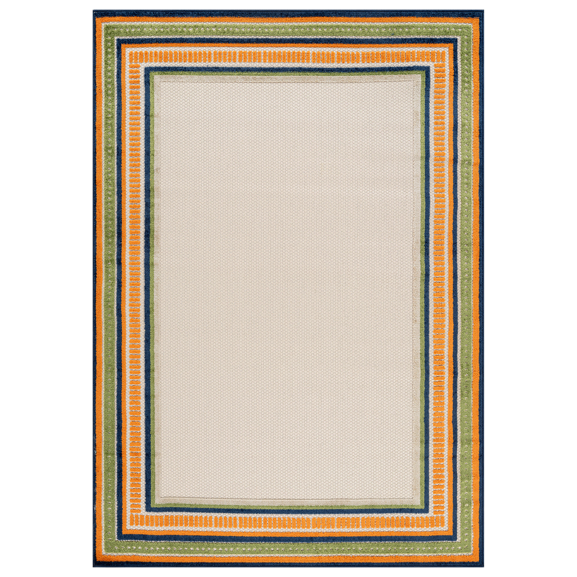 World Rug Gallery Indoor/Outdoor High-Low Textured Area Rug, Coastal Border Ivory/Multi, Easy-Clean Patio