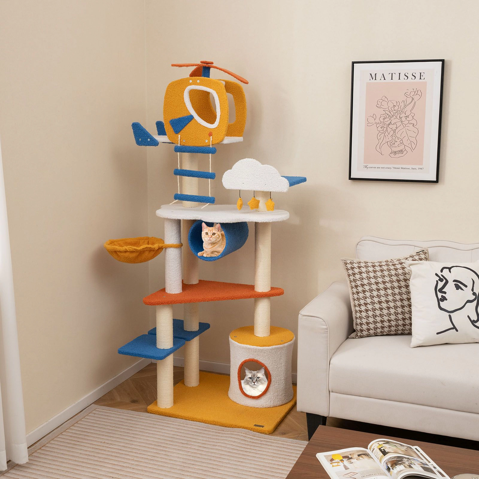 SlickBlue 70" Multi-Level Cat Tree with Rotating Basket Bed and Condo