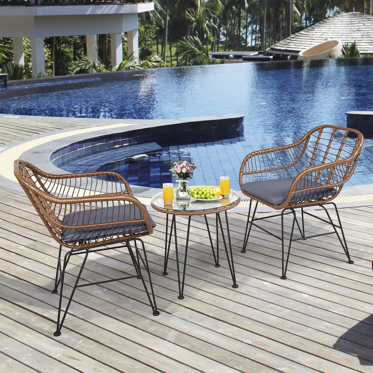 SUGIFT Gray 3-Piece Rattan Patio Bistro Set with Cushioned Armchairs