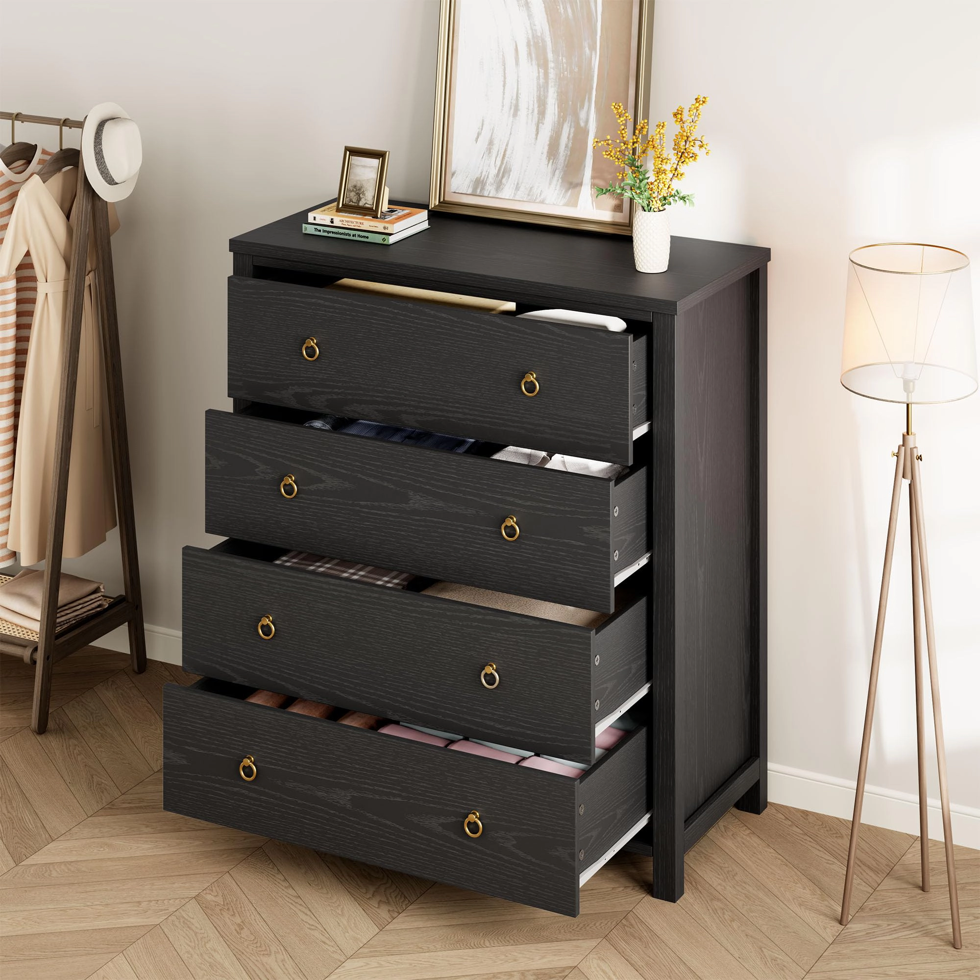 4 Drawer Modern Dresser, 37" Tall Wooden Storage Chest Nightstand for Bedroom Nursery Hallway