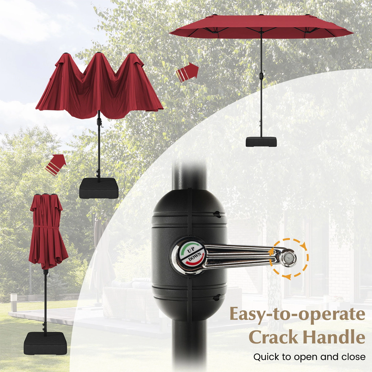 SUGIFT 13-ft Double-Sided Patio Twin Table Umbrella with Crank Handle and Fillable Cross Base 25.5 x 25.5 in Stand Wine