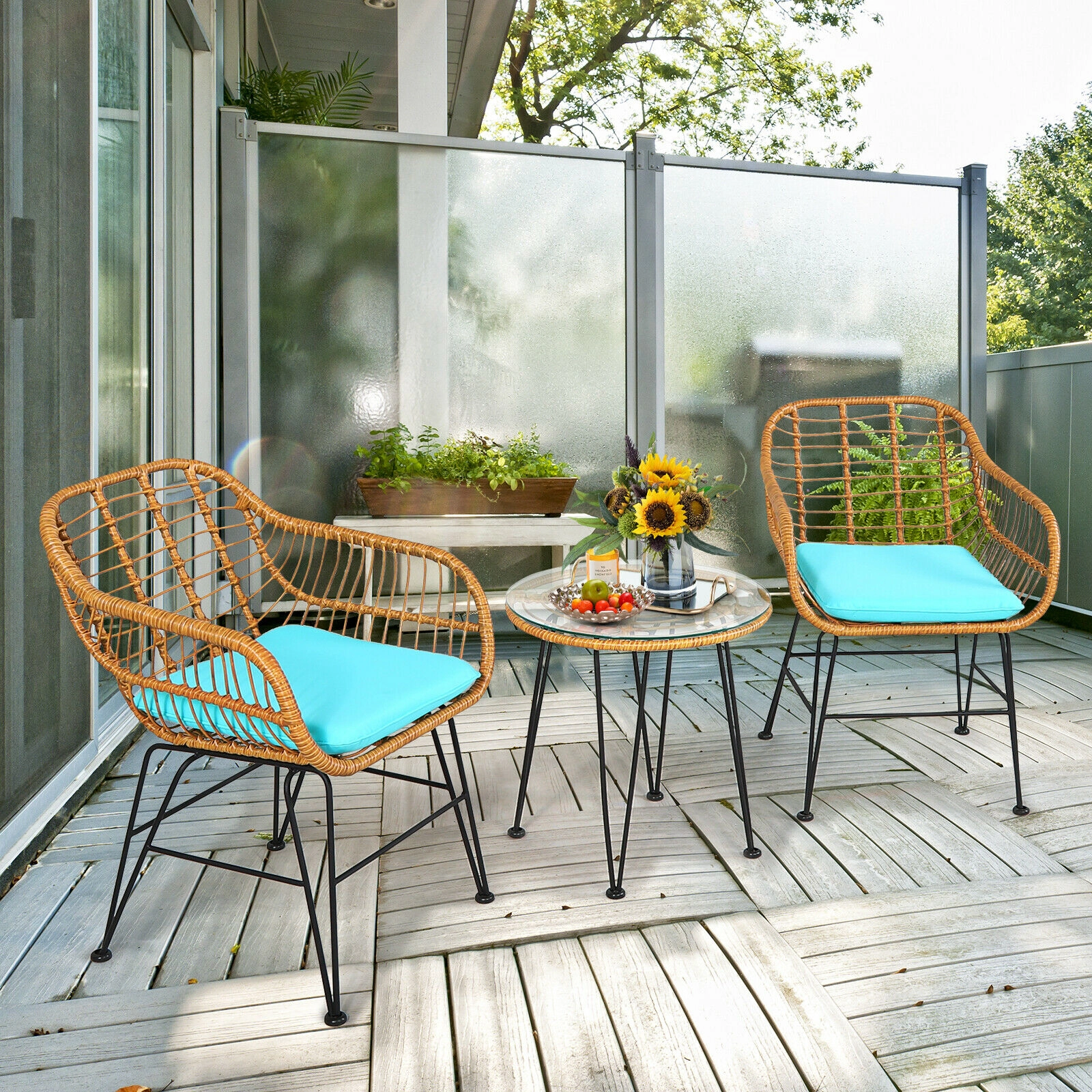 SUGIFT 3-Piece Rattan Conversation Set with Cushioned Chairs and Coffee Table 400-lb Chair Capacity Turquoise