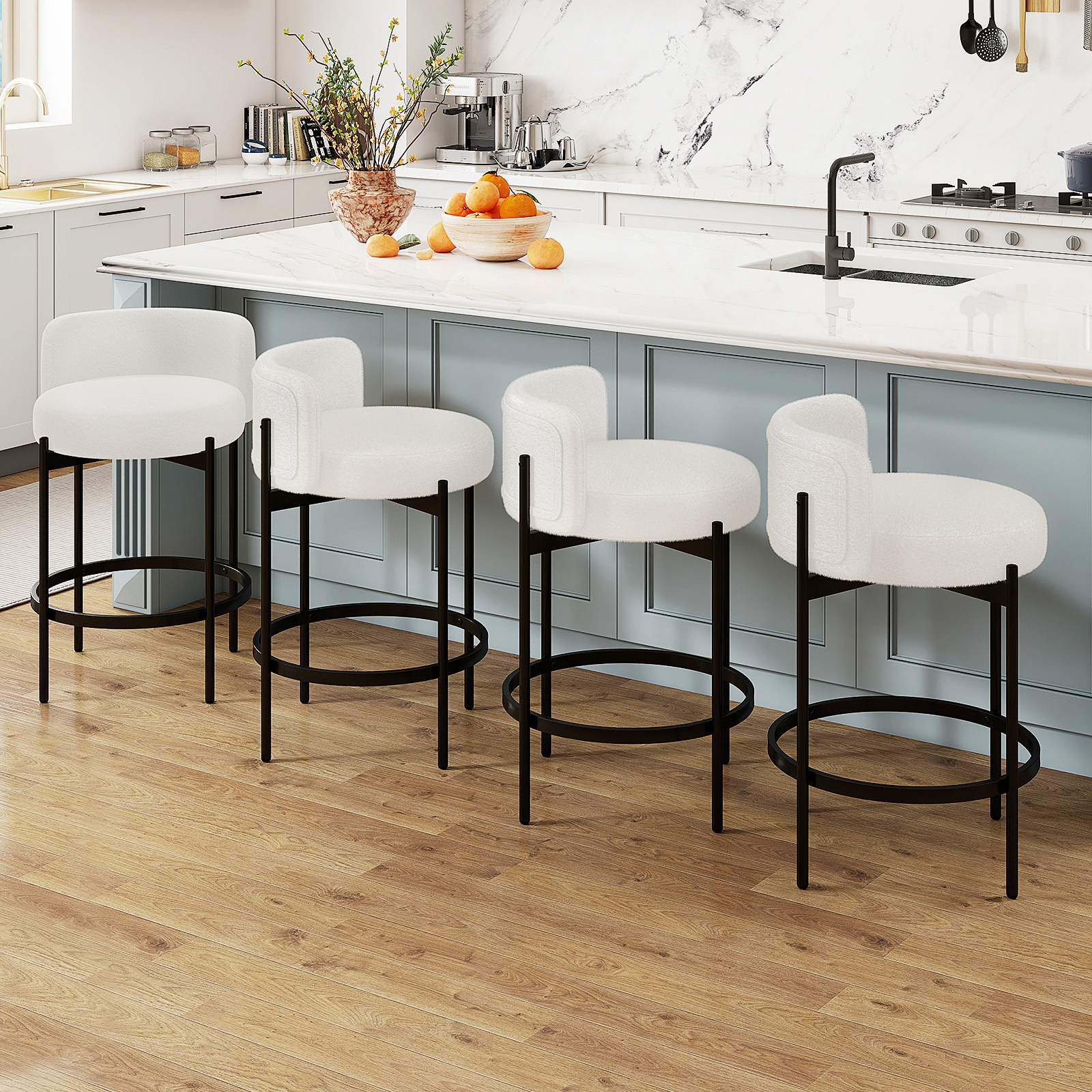 LJG 24 Inch Boucle Counter Stools Set of 4 with Curved Backrest