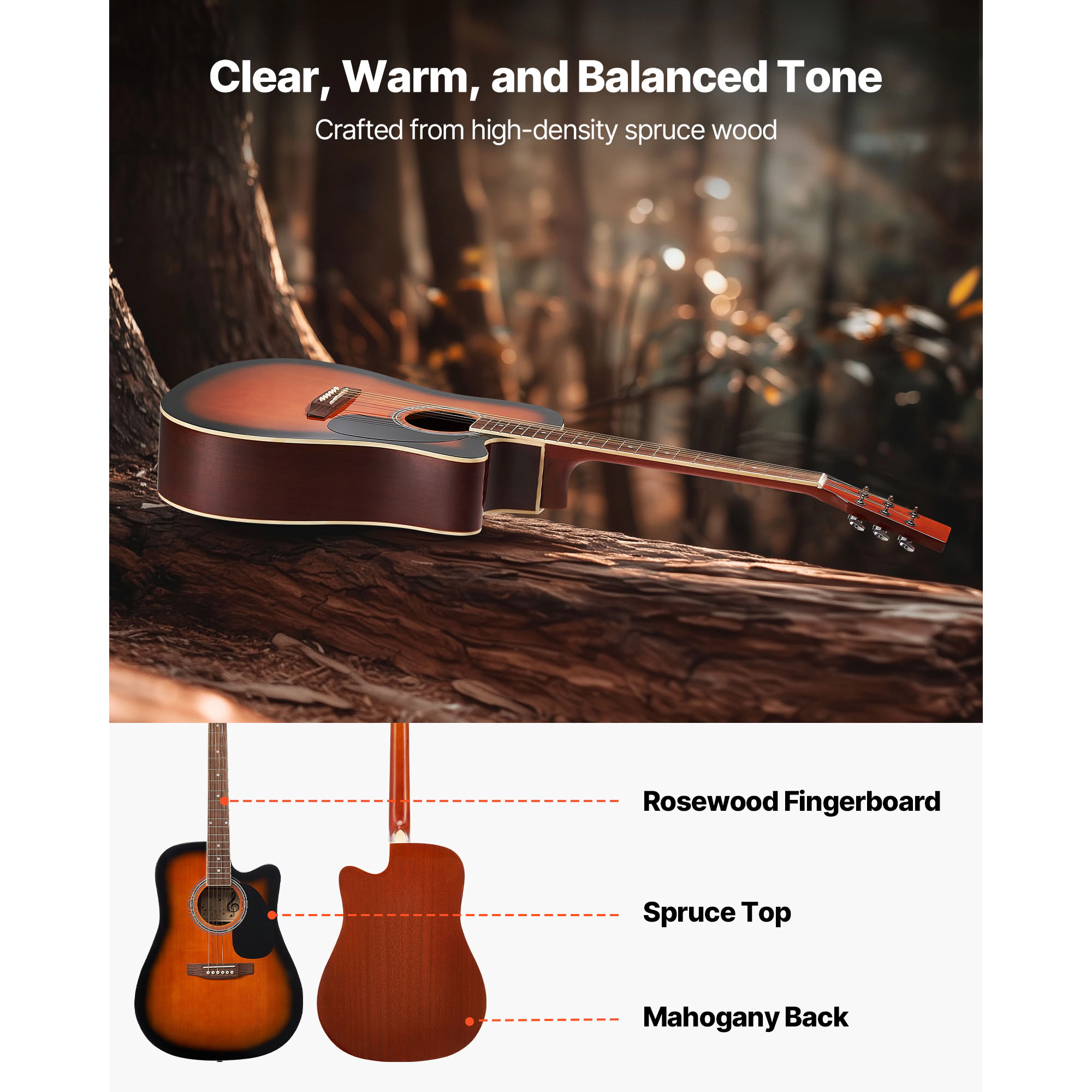 HONGGE 41 in Cutway Acoustic Guitar 6-String Solid Spruce Top Beginner Bundle with Gig Bag Tuner Strap Strings Picks