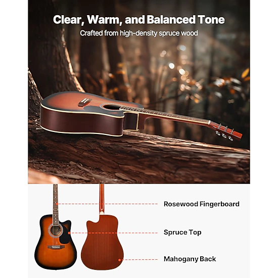 HONGGE 41 in Cutway Acoustic Guitar 6-String Solid Spruce Top Beginner Bundle with Gig Bag Tuner Strap Strings Picks