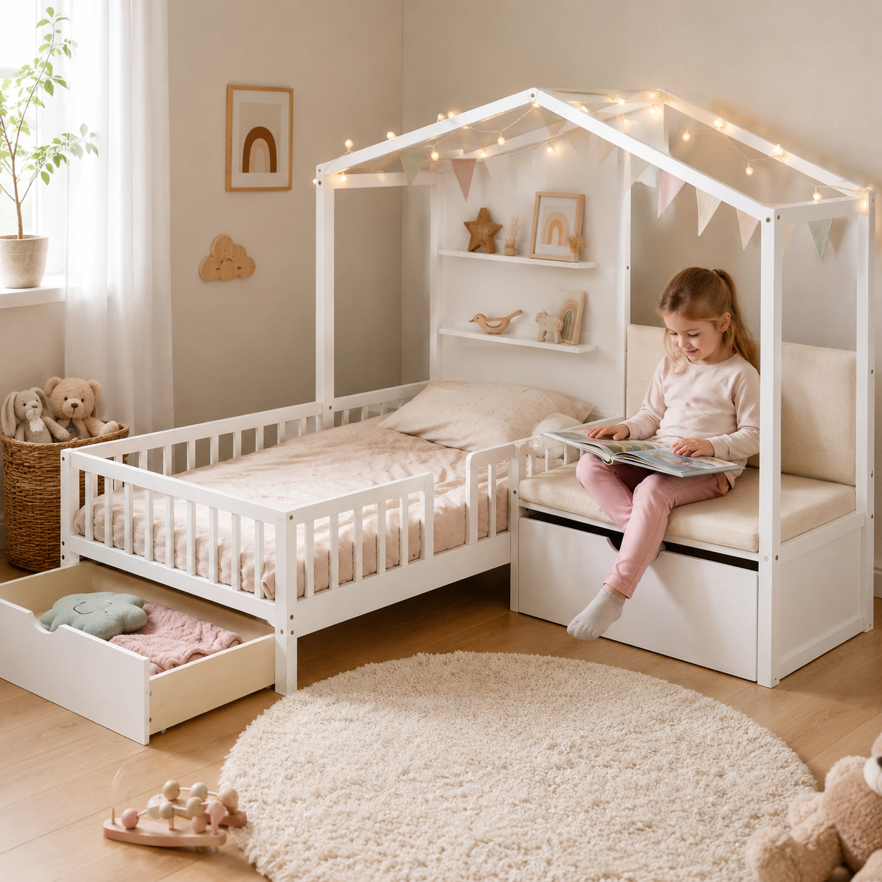 SUGIFT White Padded Bench Backrest Floating Shelves and 2 Drawers Twin Kids House Platform Bed