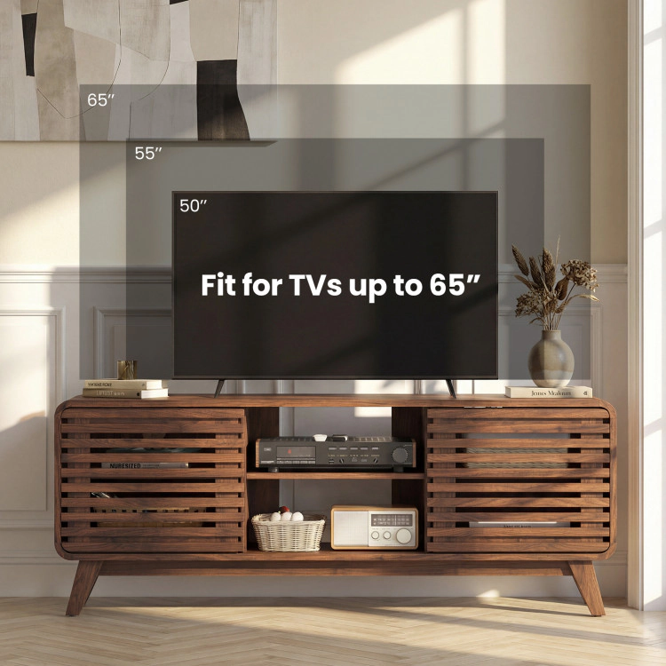 Hivvago Mid Century Modern Entertainment Center With Grille-Style Sliding Doors For Living Room