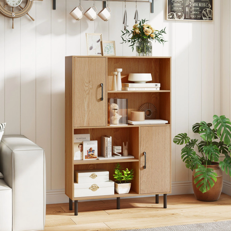Hivvago 47 Inch Storage Cabinet Freestanding Bookcase with 2 Doors and 4 Open Shelves