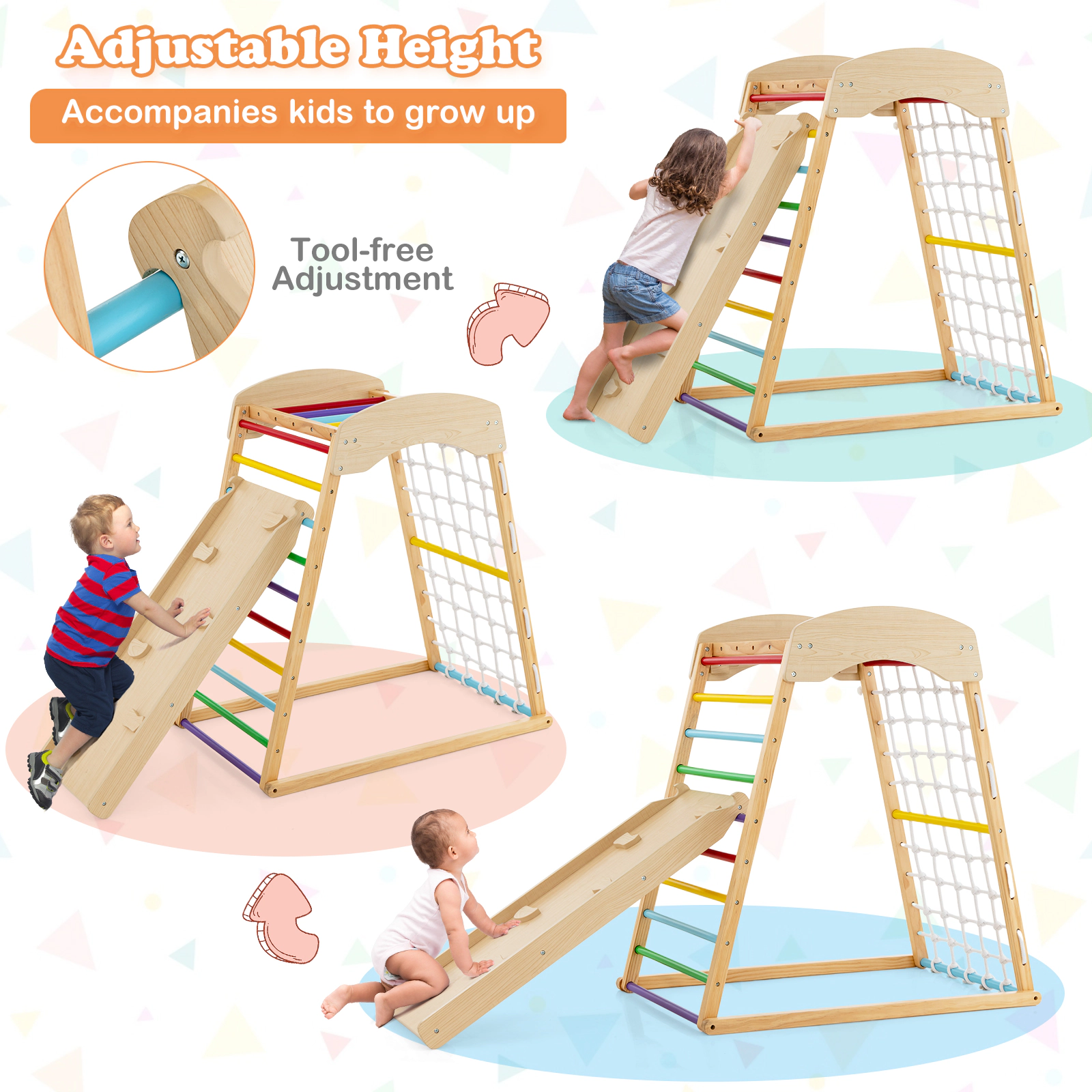 SUGIFT Multicolor 6-in-1 Wooden Kids Climber with Monkey Bars and Reversible Ramp 41.5-in W 26.5-in D 44.5-in H