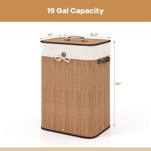 Glintex 19-Gallon Bamboo Clothes Hamper with Reinforced Base and Lidded Top, Natural