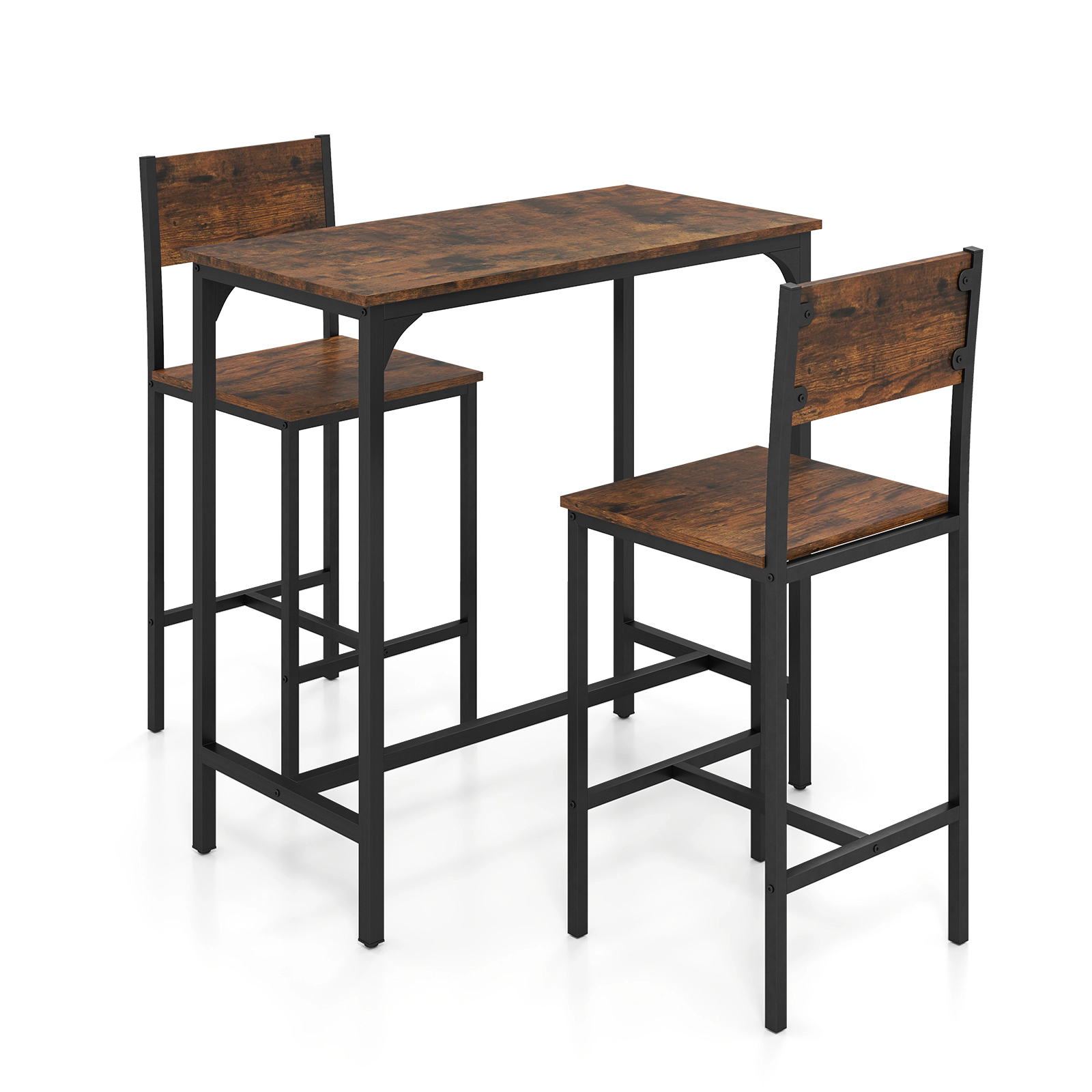 SUGIFT 3-Piece Rustic Brown Bar Table Set, 35.5-in Table with 2 Backrest Chairs