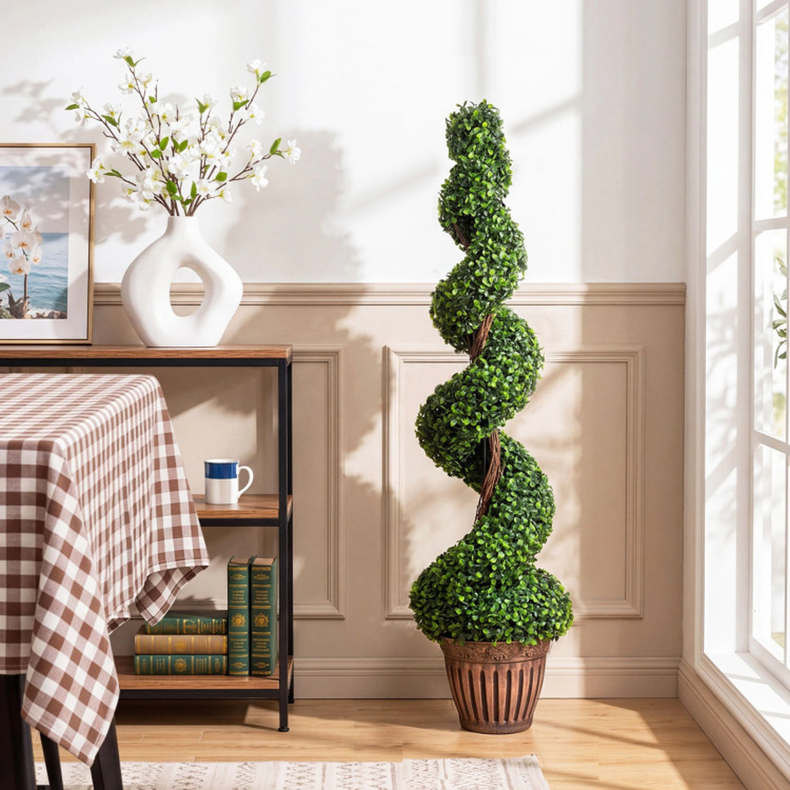 SUGIFT 47-in Spiral Topiary Twisted Wood Vines Artificial Boxwood Tree 9.5-in x 8-in Rustic Planter 12-lb Green
