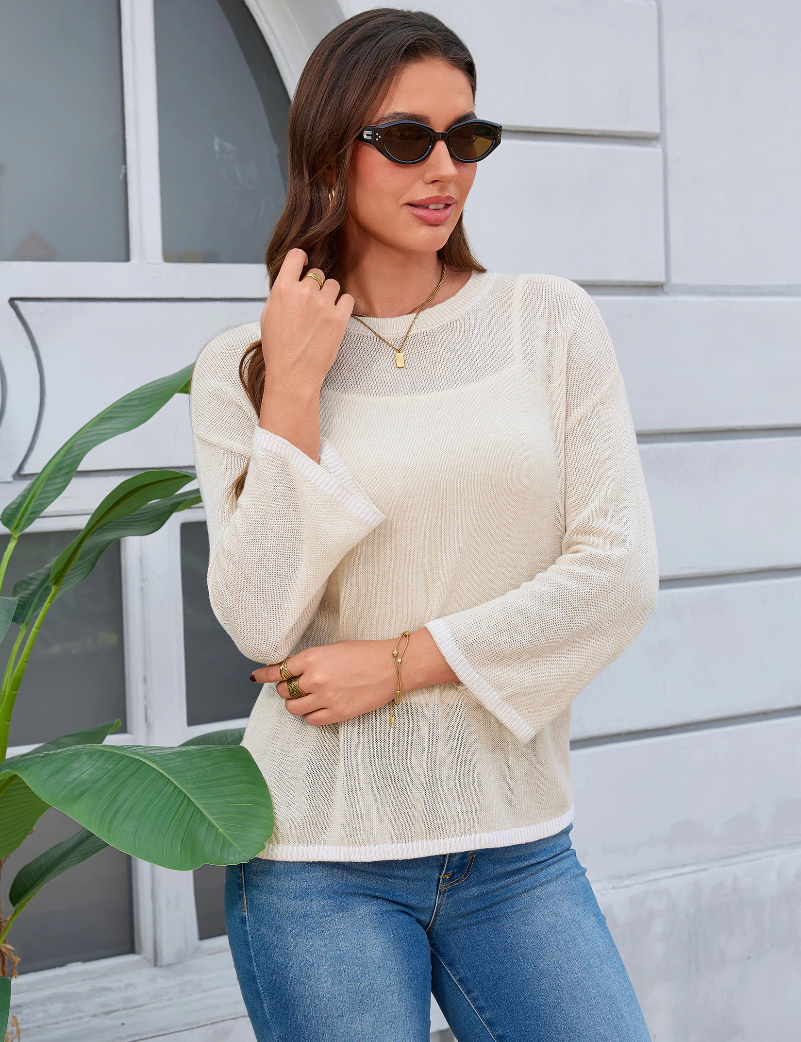 KOJOOIN Women's Knit Sweater Crew Neck Drop Shoulder 3/4 Bell Sleeve Striped Trim Pullover Tops