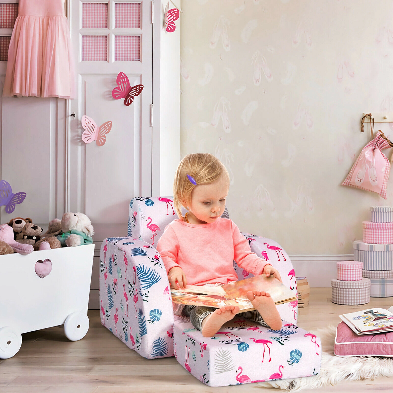 SUGIFT 3-in-1 Convertible Kids Sofa Bed Flip-Out Chair Lounger 66-lb Capacity Under 4 Years Pink