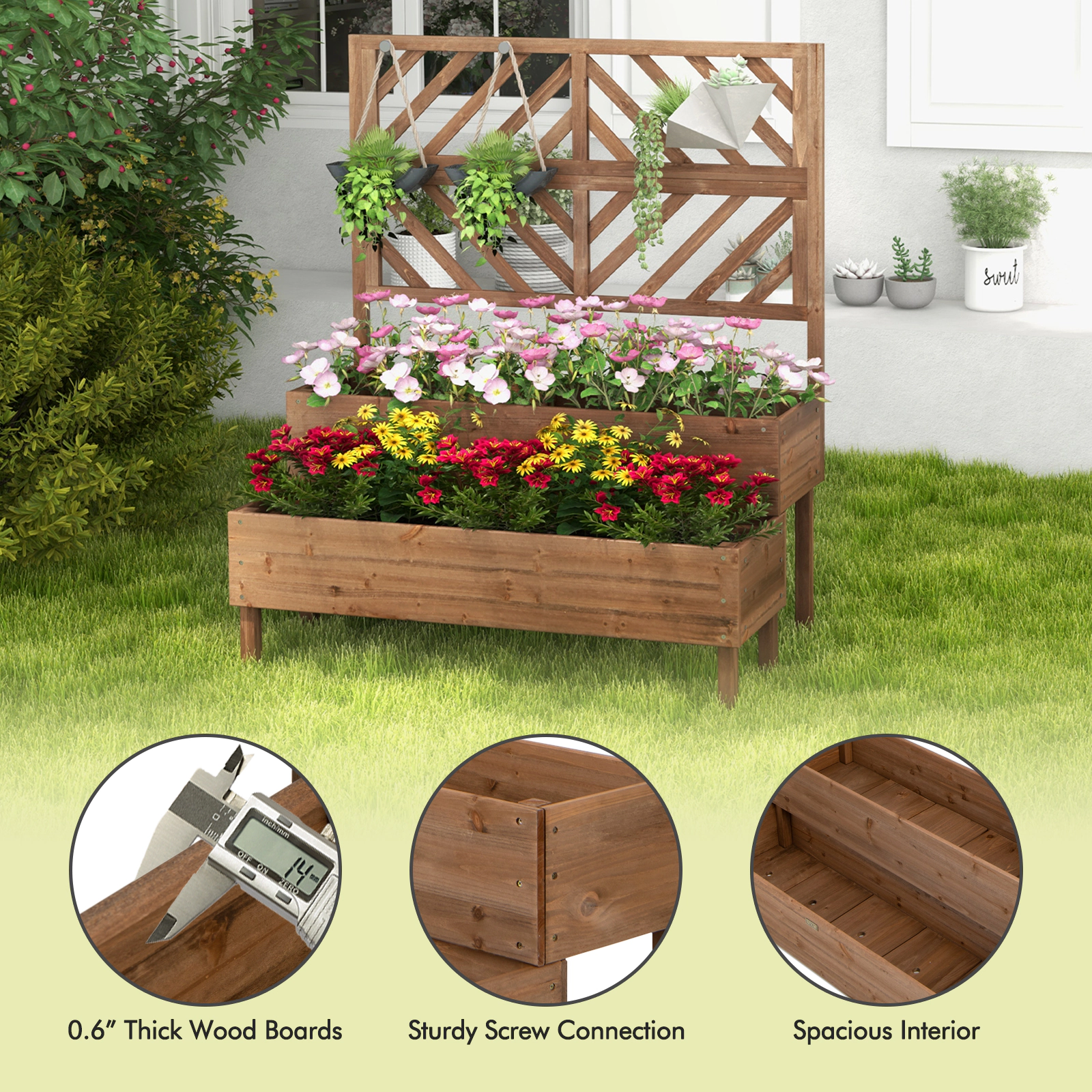 SlickBlue Brown 2 Tier Raised Garden Bed with Trellis for Outdoor Plants