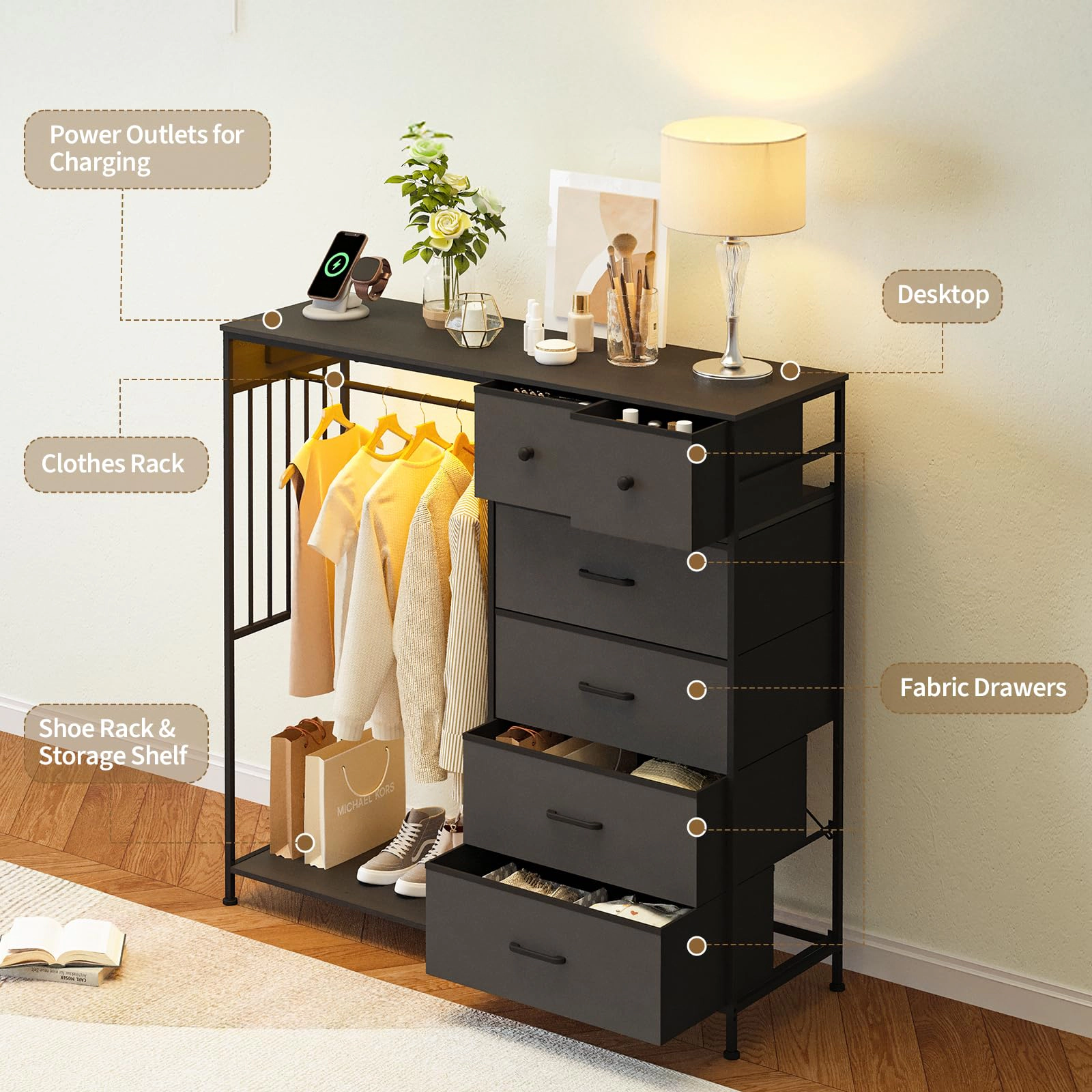 49.2" Dresser with Hanging Rack, 6 Fabric Drawers, LED Lights & Charging Station
