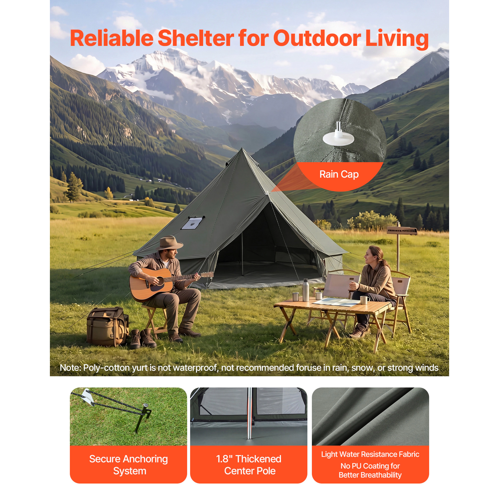 HONGGE Canvas Bell Tent 4 Seasons Yurt Tent for Camping with Stove Jack Canvas Breathable Holds with Zipped Detachable