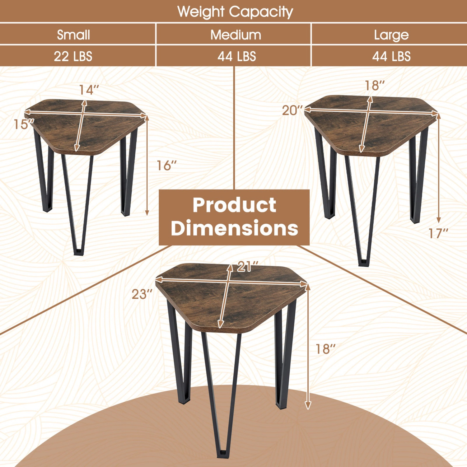 SUGIFT Set of 3 Nesting Engineered Wood Top Metal Legs Coffee Tables 23-in x 21-in x 18-in 44-lb Capacity Rustic Brown