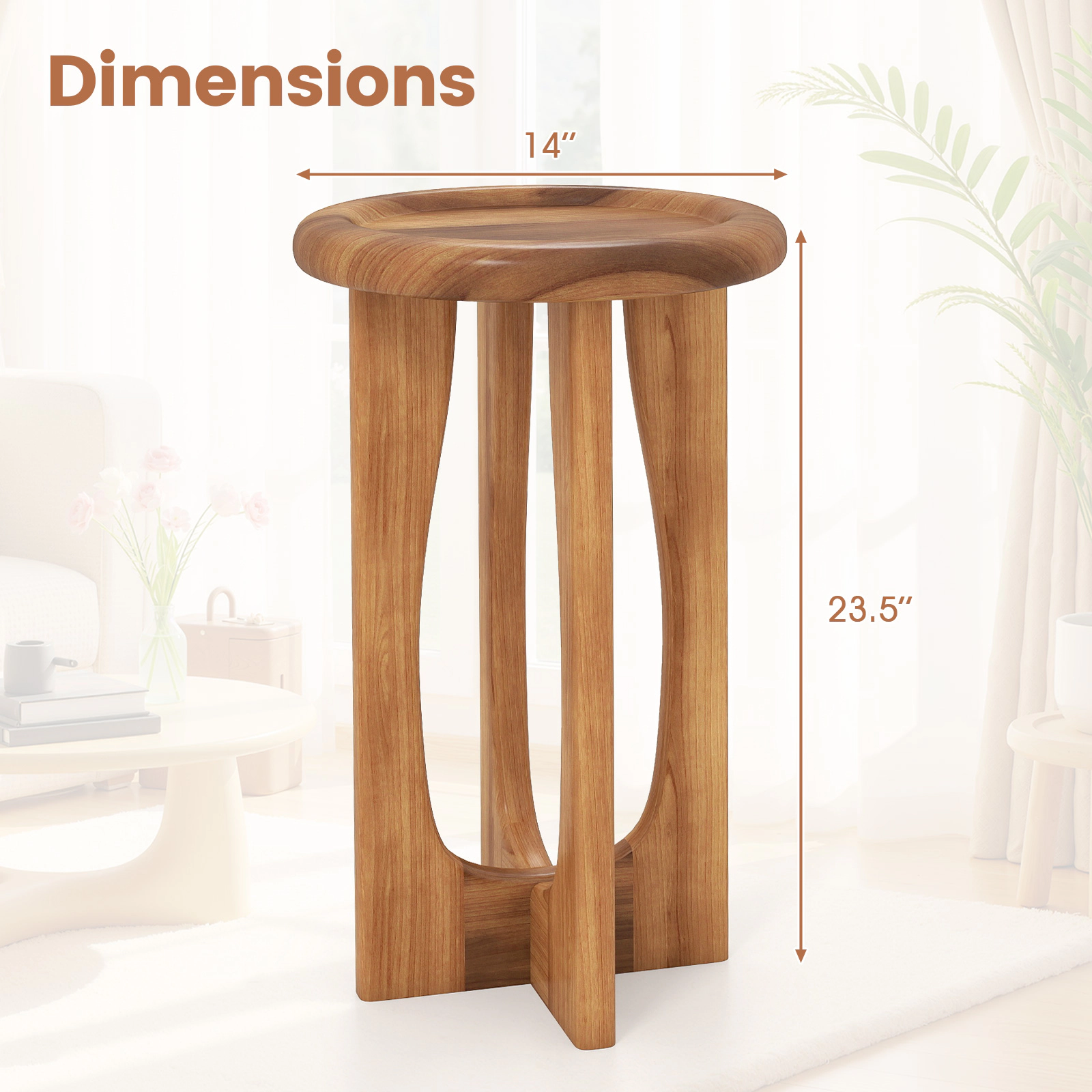SUGIFT 14-in Round Solid Mahogany End Table, Tray Top, Cross Legs, Natural