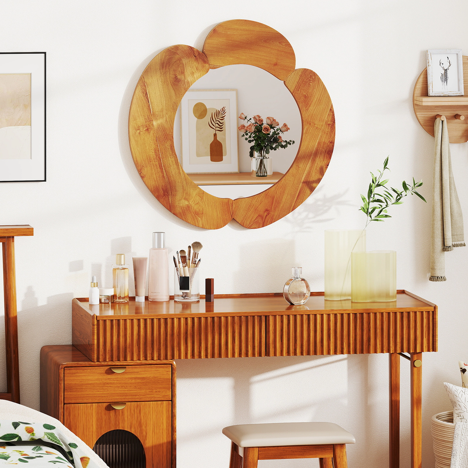 Slickblue 29 Inch Round Irregular Wall Mirror with Teak Wood Frame for Living Room and Bathroom
