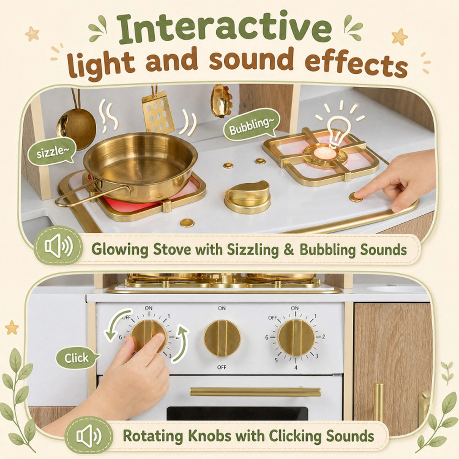 SUGIFT Wooden Play Kitchen with Lights & Sounds and Ice Maker Stove Sink for Toddlers Ages 3+ Natural+White