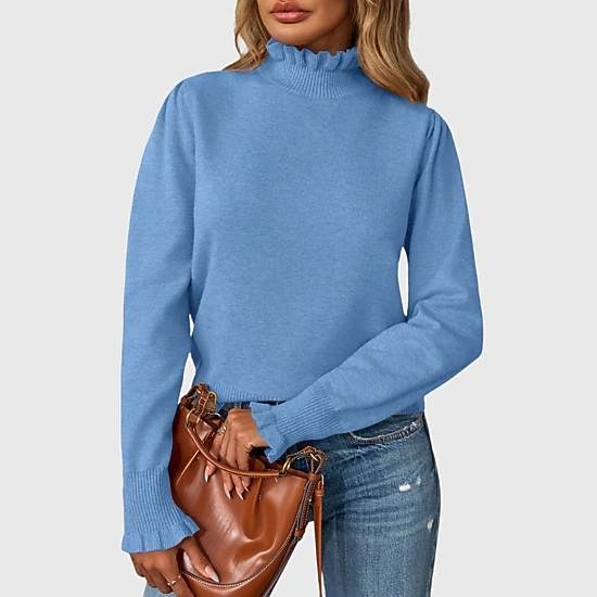 YesFashion Women's Ruffle Mock Neck Sweater Casual Long Puff Sleeve Soft Knit Pullover Tops