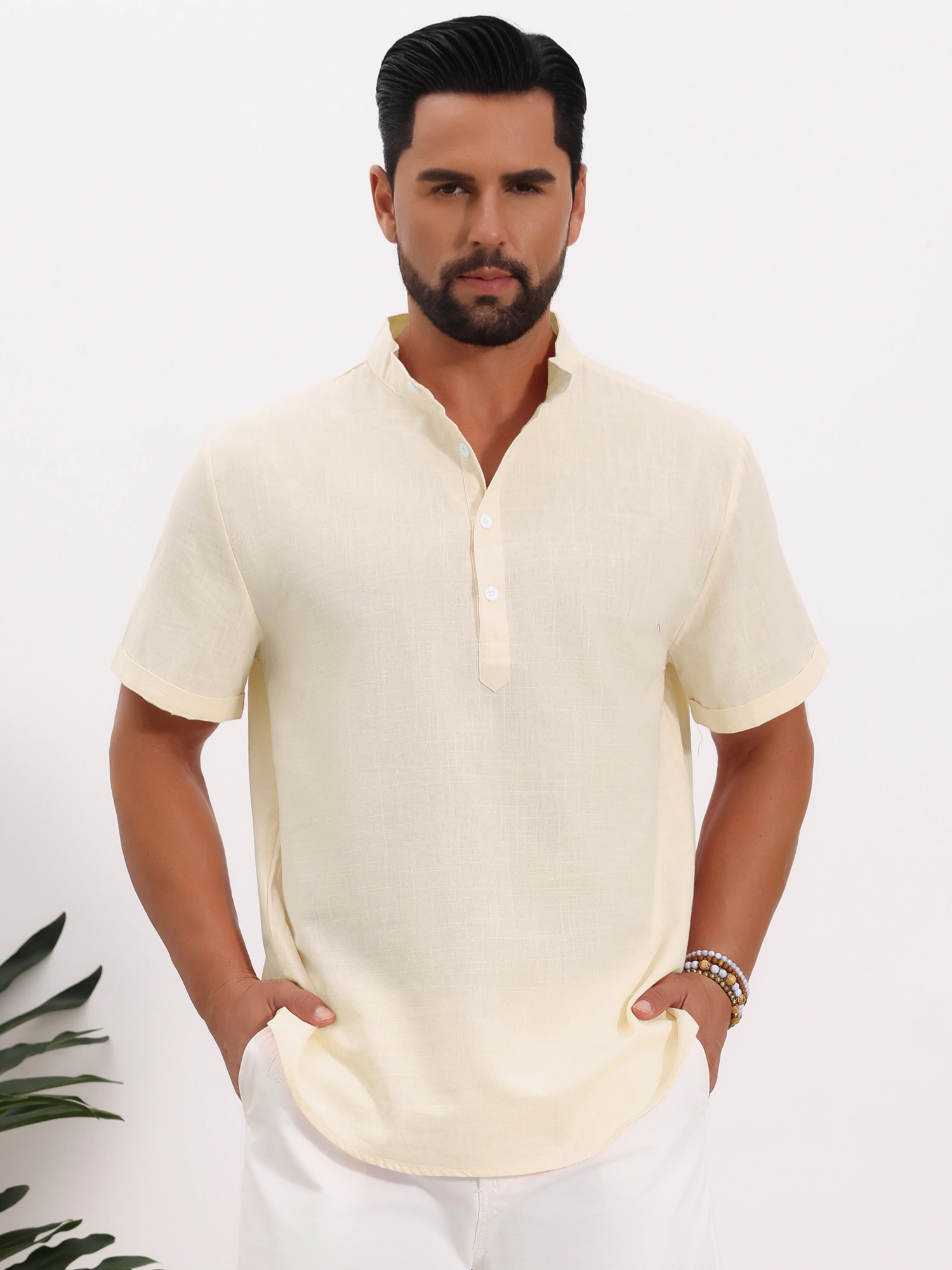 INSPIRE CHIC Men's Stand Collar Short Sleeve Linen Henley Shirt
