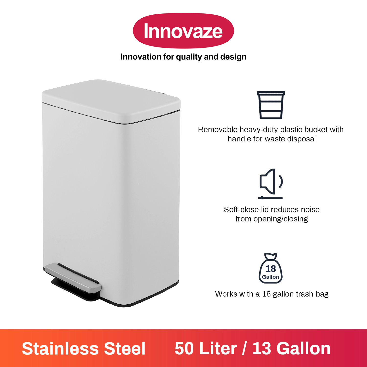 Innovaze Gal./ Liter Rectangular Stainless-Steel-Made Matt White Step-on Trash Can for Kitchen