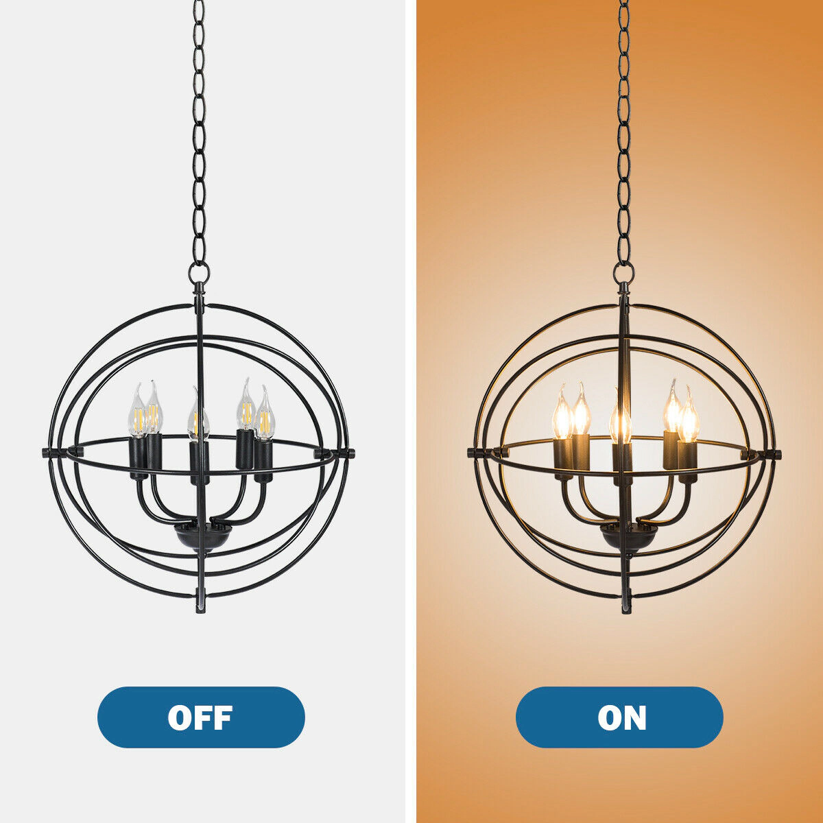 SUGIFT 5-Light Pivoting Interlocking Rings Iron Orb Chandelier 20-in x 20-in 55-in Drop E12 Sockets Black