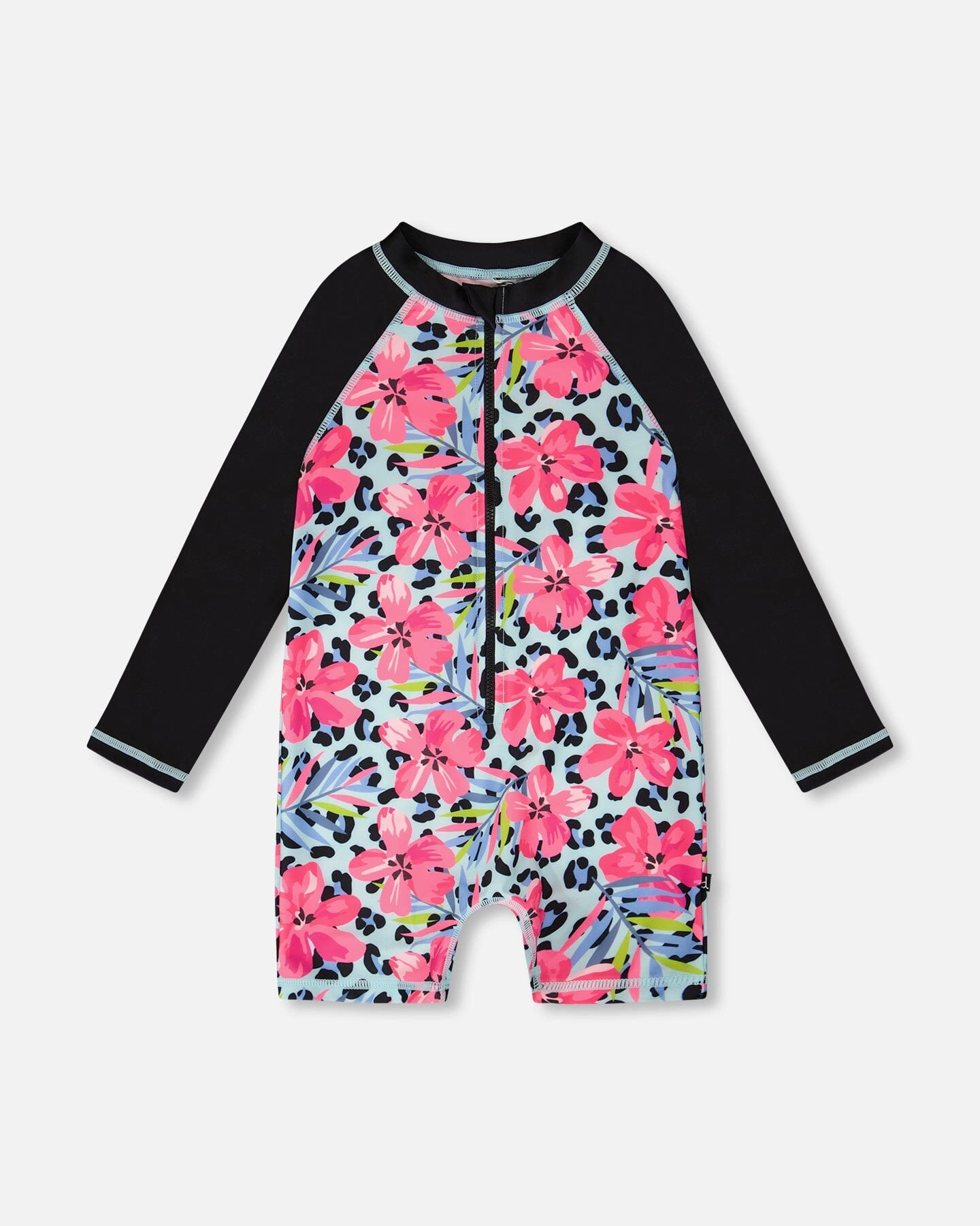 Deux par Deux Girls One-Piece Long Sleeve Rashguard Floral and Leopard Print
