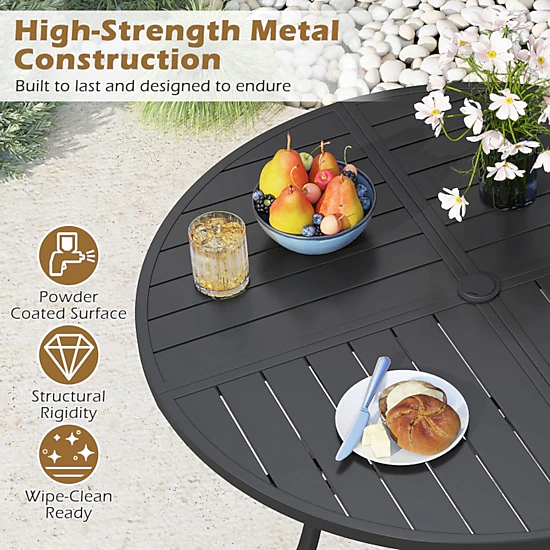 SUGIFT 42.5-in Round Metal Patio Dining Table with Slat Top and Dual ...