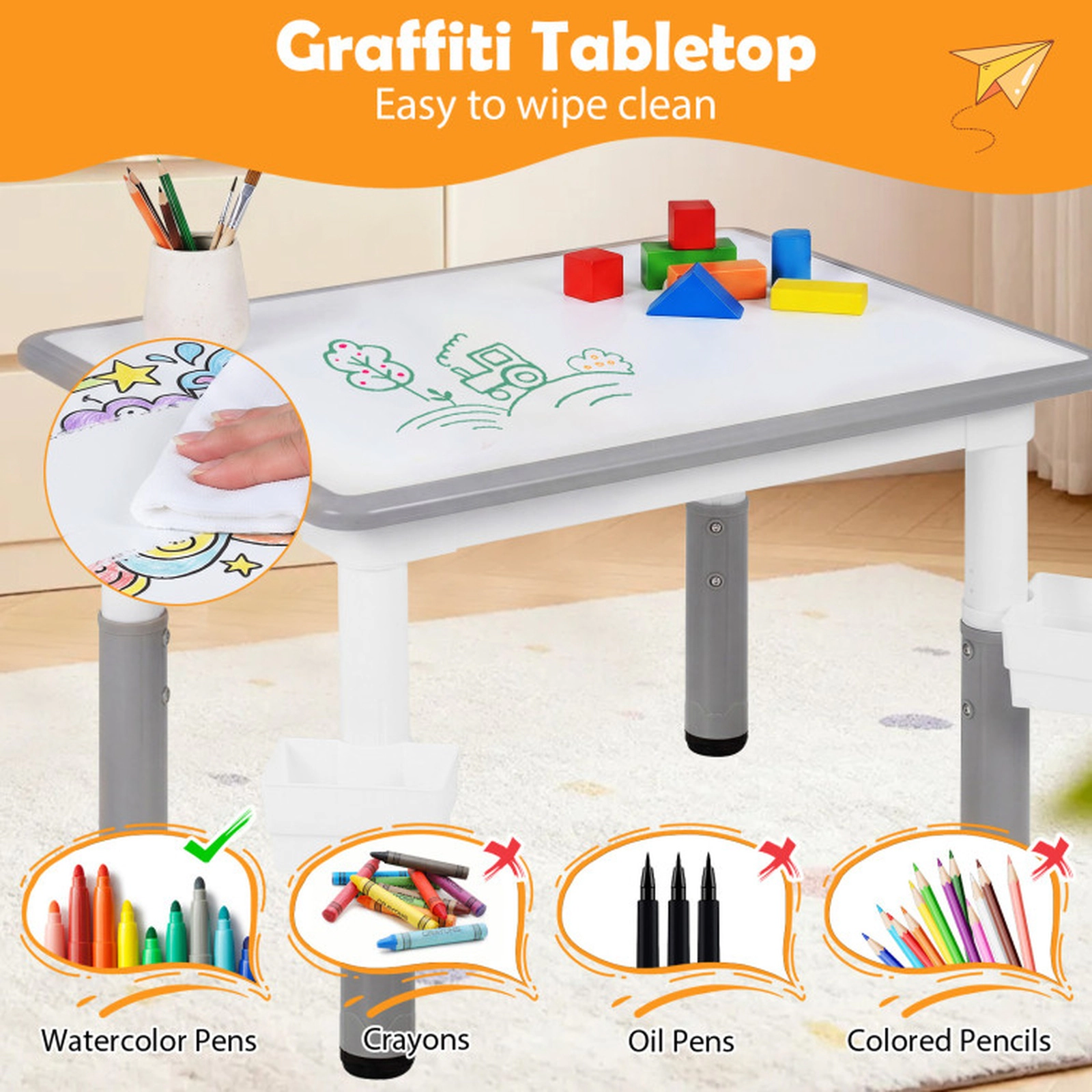SUGIFT Gray Graffiti Desktop and 2 Storage Baskets Kids Height Adjustable Table and 4 Chairs Set