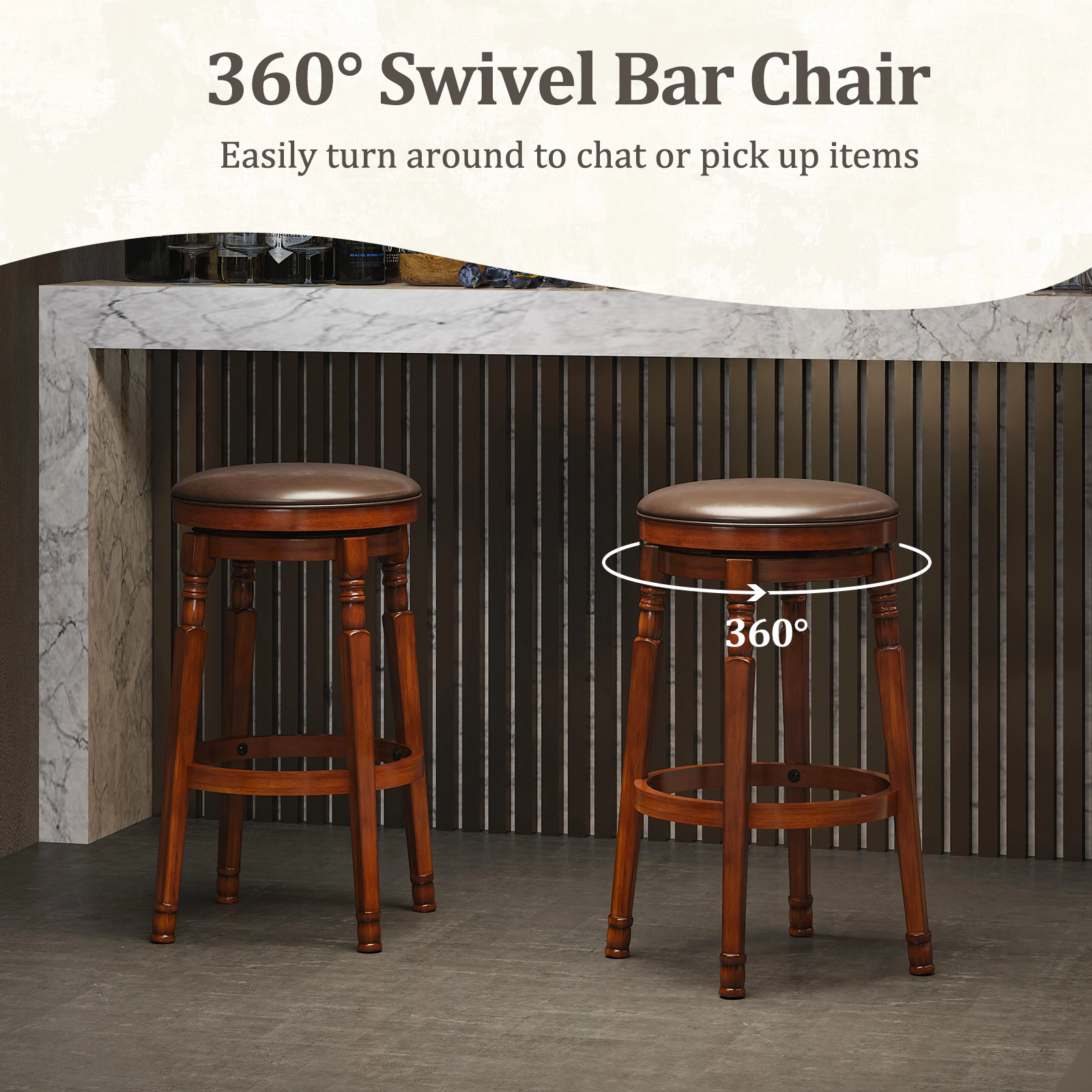 SUGIFT Set of 2 Walnut 29-in PU Leather Padded Swivel Bar Stools with Ultra-Wide Seat Base and Footrest
