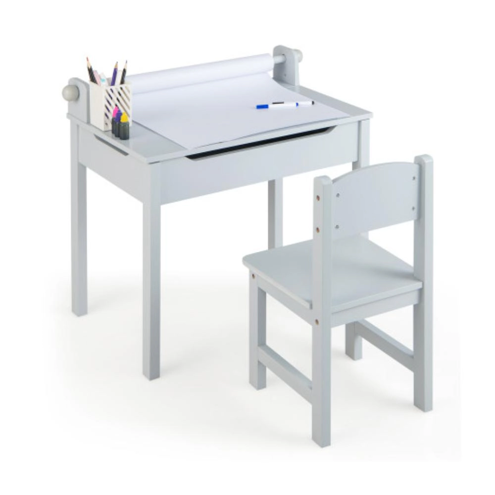 Hivvago Wooden Kids Table And Chair Set With Storage Paper Roll Holder
