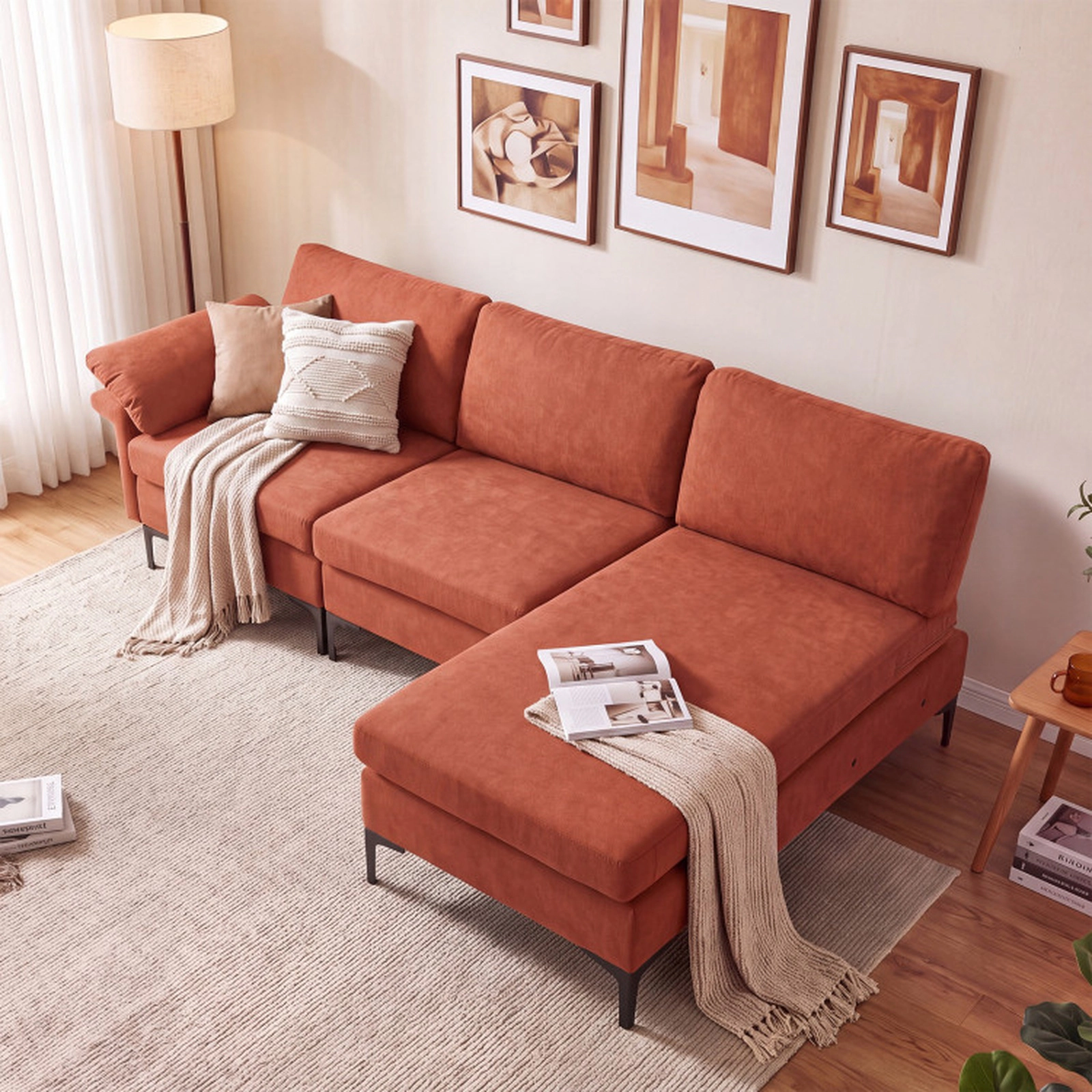 SUGIFT Red L-Shaped Modular Sectional Sofa with Chaise, 2 AC Outlets, 4 USB Ports, Hidden Storage