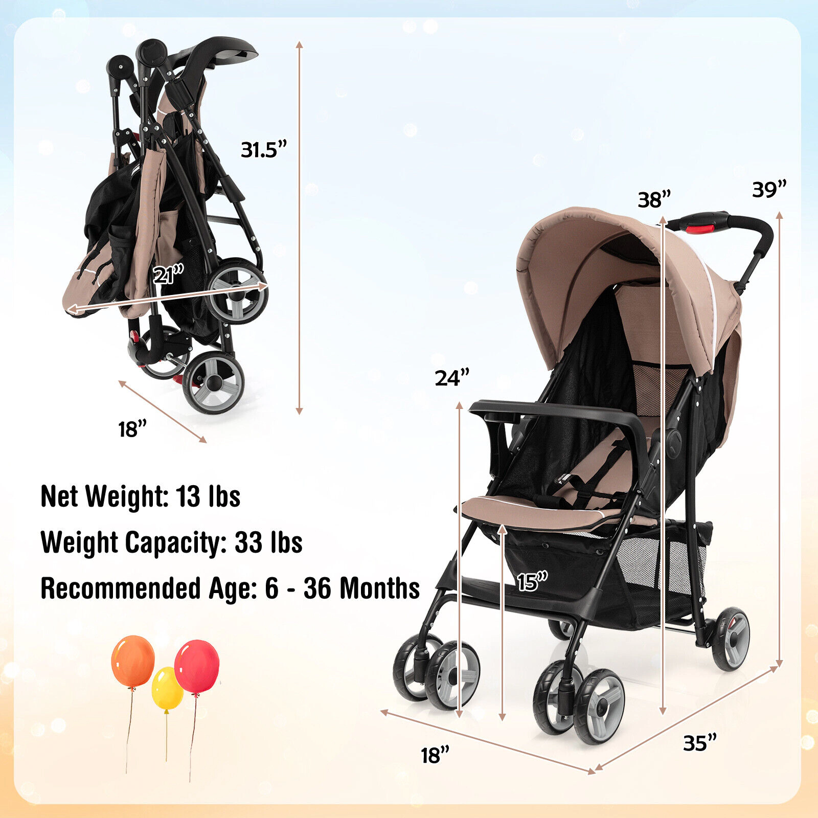 SUGIFT Coffee 33-lb Capacity Lightweight Toddler Travel Stroller with Canopy Skylight and Feeding Tray