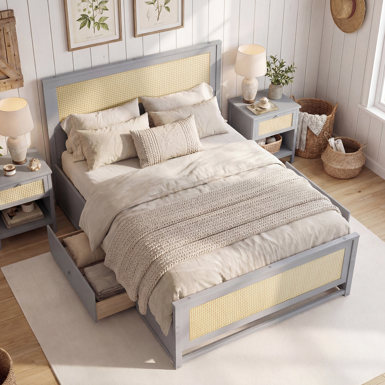 Full Size Rattan Bed Frame with 2 Storage Drawers Gray Boho Platform Bed with Woven Headboard Metal Drawer Slides
