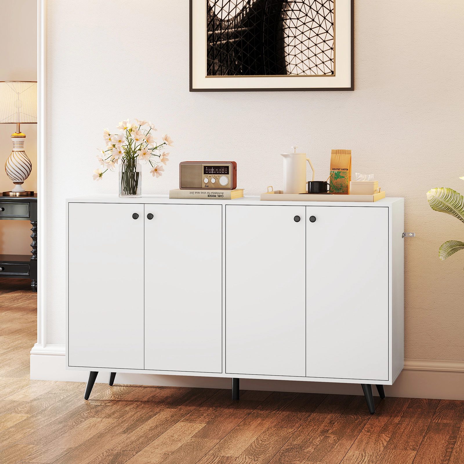 SUGIFT 50-in 90-lb Tabletop White Mid-Century Modern Buffet Sideboard with 4 Doors and 5-Position Shelves