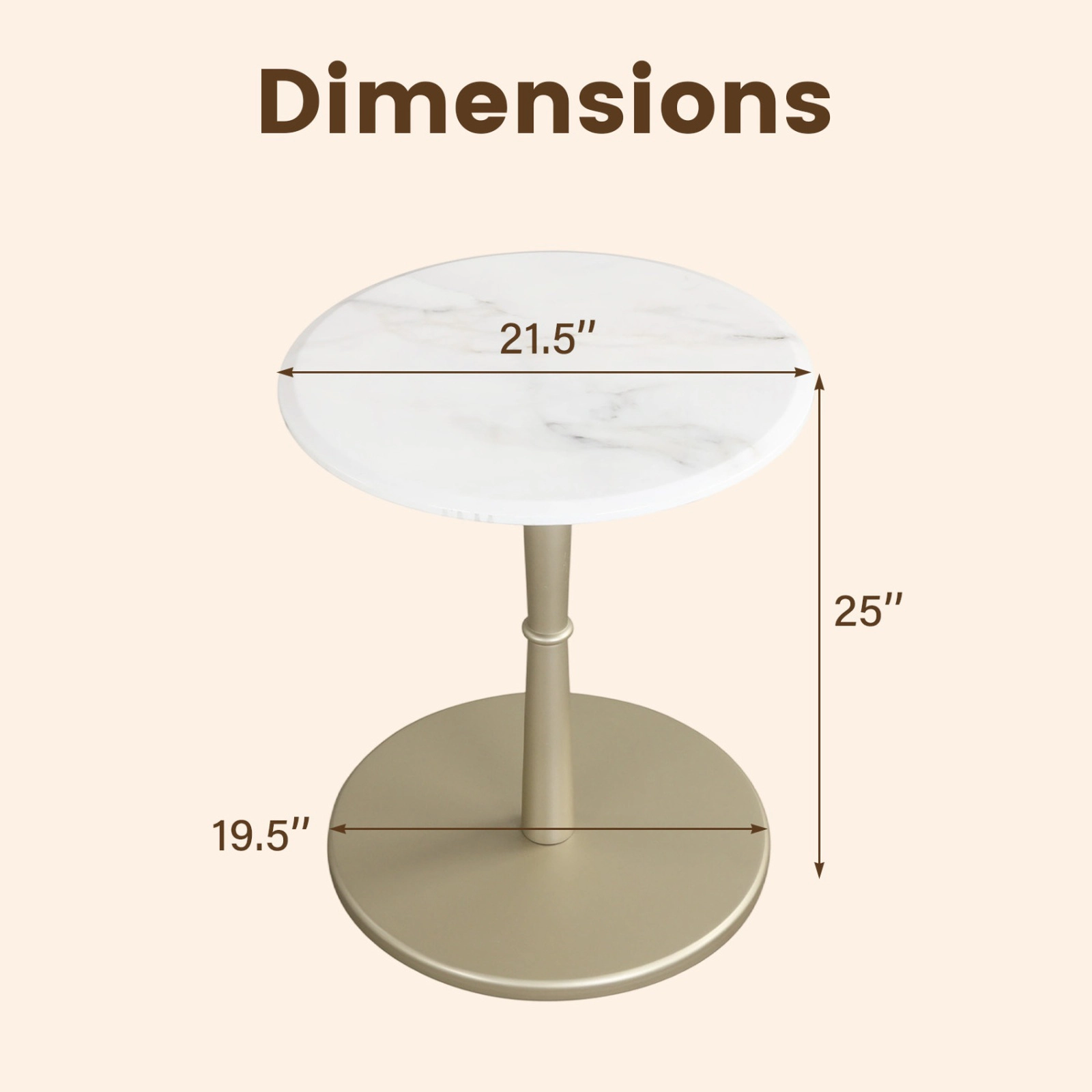 SUGIFT Genuine Marble Round Side Table with Wooden Base 135-lb Capacity 21.5-in Top White and Gold