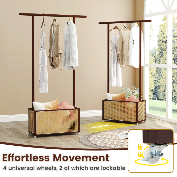 Hivvago Bamboo Garment Stand with Woven Rattan Storage Bin and Wheels