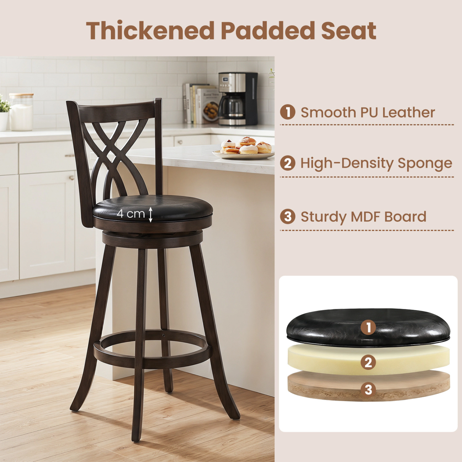 Glintex 2-Piece 30.5-Inch Swivel Bar Stool Set with Hollowed Backrest, Gray