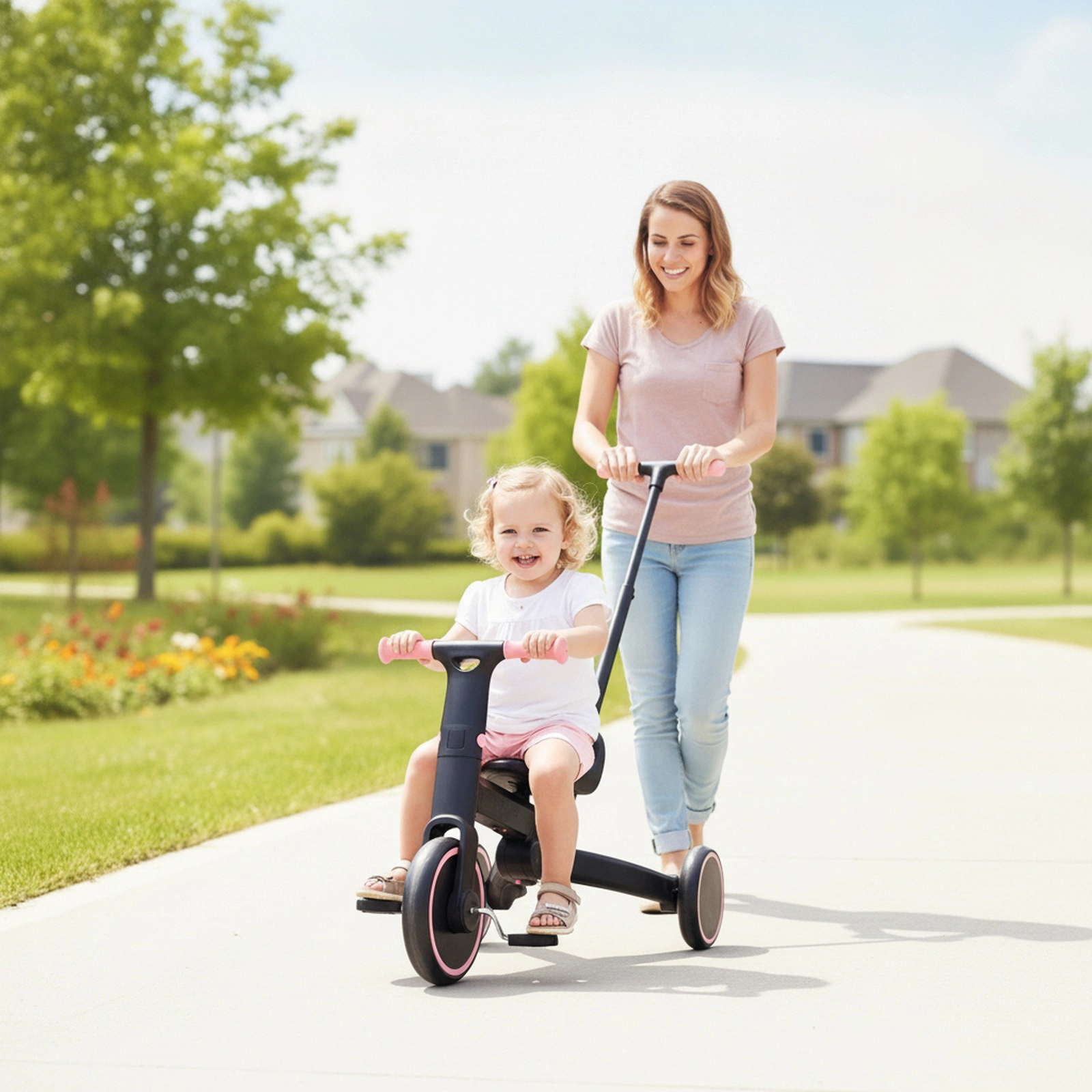 4-in-1 Foldable Toddler Tricycle Parent Steering Push Handle 3 Height Settings Quick-Release Pedals 18-60 Months Pink