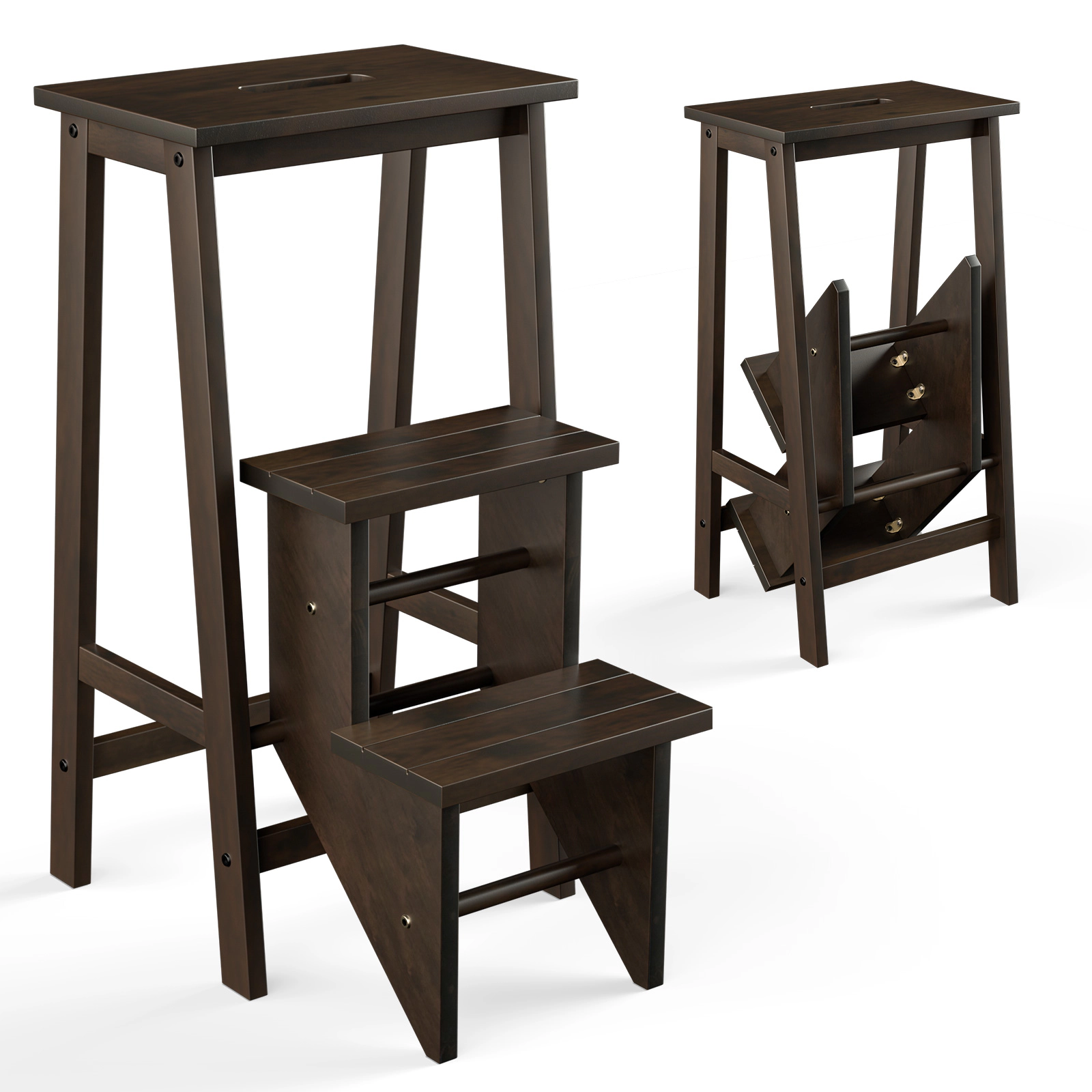 SUGIFT 3-in-1 Rubber Wood 3-Tier Folding Step Stool Ladder with Storage Shelf 200-lb Capacity Each Step Brown
