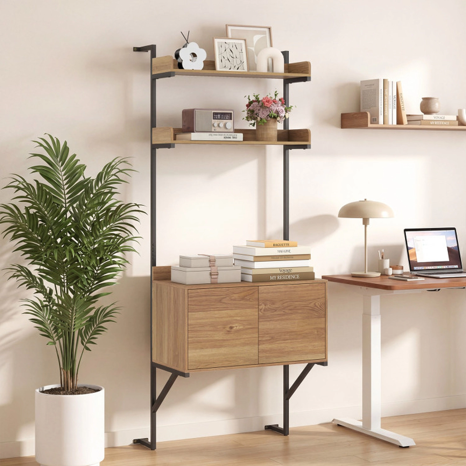 SUGIFT Tall Ladder Shelf Wall Mounted Bookcase with Storage Cabinet 33-lb Shelf Capacity Natural + Black