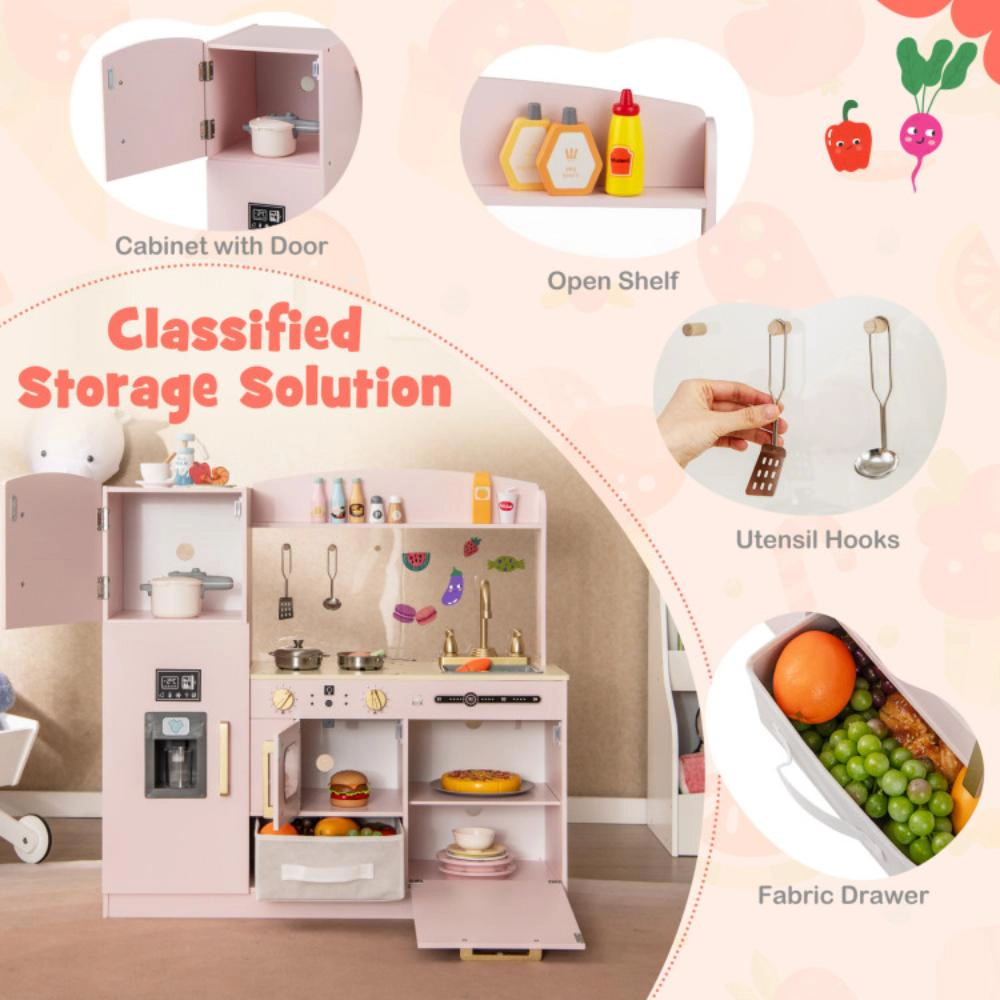 Hivvago Wooden Kids Kitchen Playset with Chalkboard Ice Maker Sink Lighted Microwave